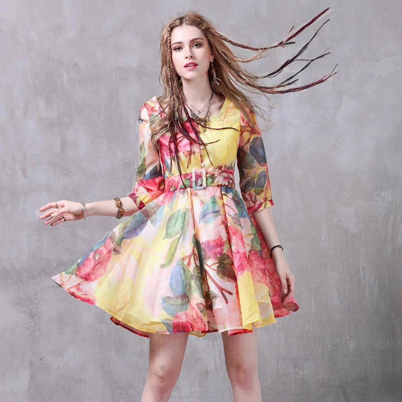 

Famous brand women's clothing 2019 spring summer autumn printing square collar large swing organza belt sleeve dress women