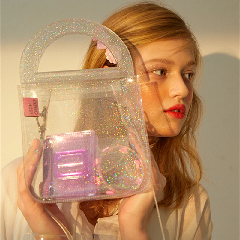 

Cute Transparent Pvc Women Handbag Crystal Sequin Acrylic Ladies Hand Bags Woman Clear Jelly Beach Shoulder Bag Female Bolsa New