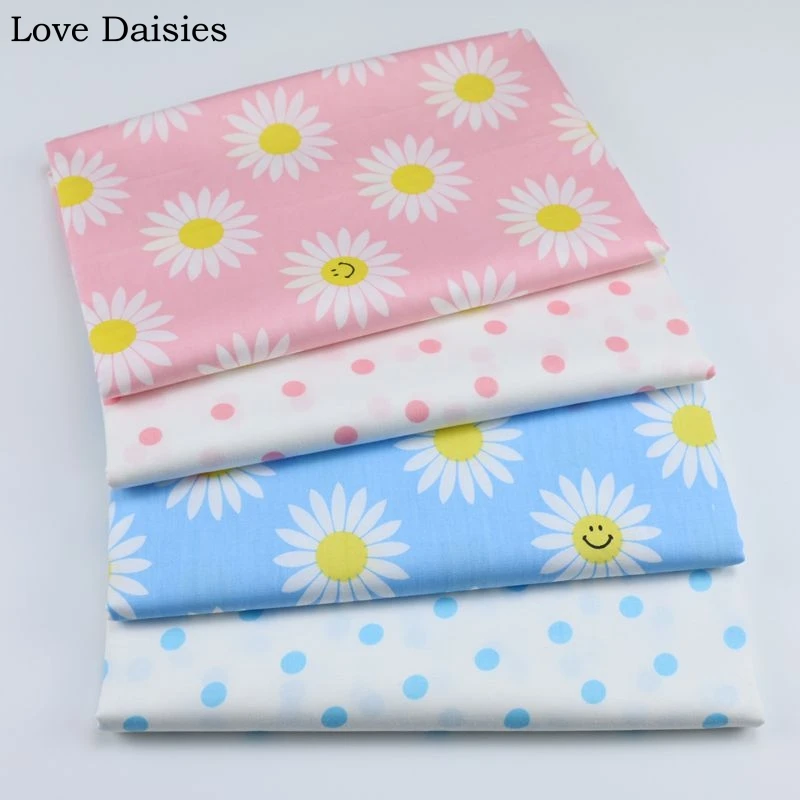 

100% cotton twill PINK BLUE fresh white sunflowers floral polka dot fabric for DIY crib bedding cushion patchwork handwork decor