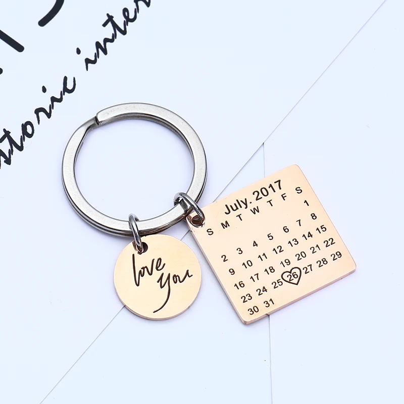 Personalized Calendar Keychain Hand Carved Date Key Chain Ring for