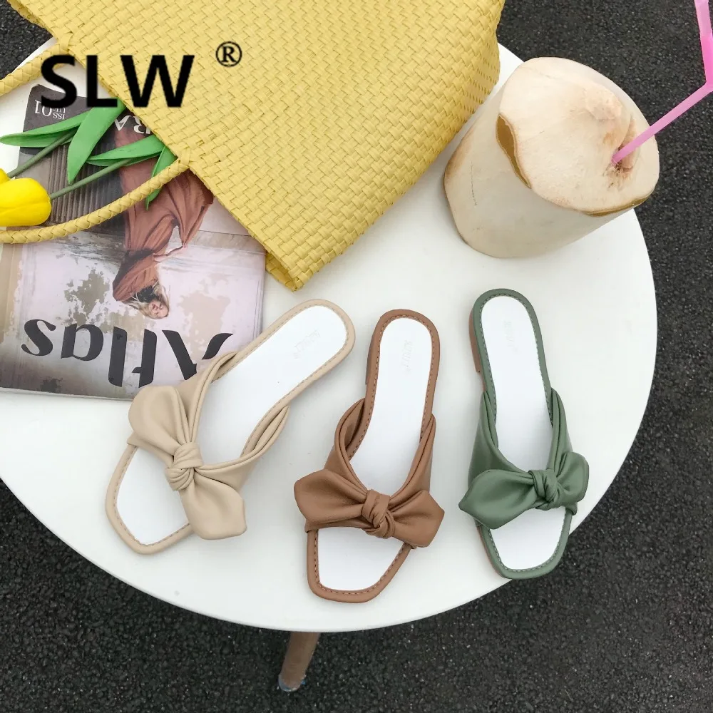 

Shoes Without Heel Butterfly-knot Square Toe Designer Slides Flower Socofy Slipper Women Mixed Colors Women's Slippers 2019