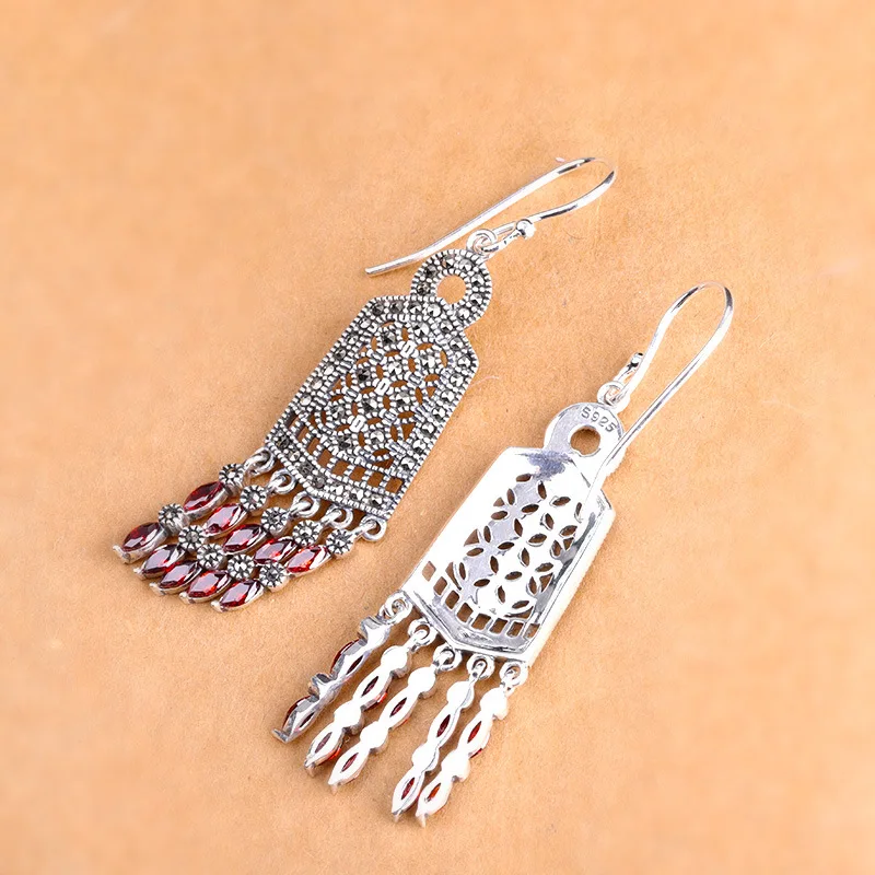 BOCAI 100% S925 Sterling Silver Ear Drop 2021 Fashion Simple Thai Silver Tassel Garnet Jewelry Pure Augentum Earrings For Women