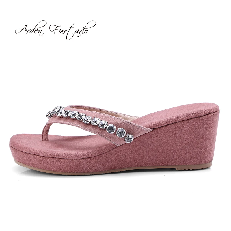 

Arden Furtado Summer Fashion Women's Shoes Sexy Elegant flip flops wedges Slippers Crystal Rhinestone slides Big size 33 40 new