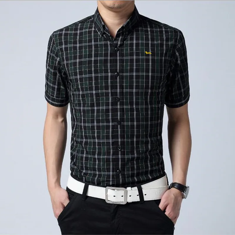 

2018 New summer brand clothing men short sleeve shirts casual fashion business plaid cotton turn down collar mens blouses B0008
