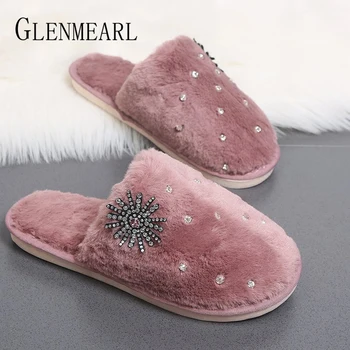 

Women Slippers Fur Winter Indoor Shoes Flat Diamond Home Slippers Warm Soft Non Slip Female Plush Colorful Shoes Ladies DE