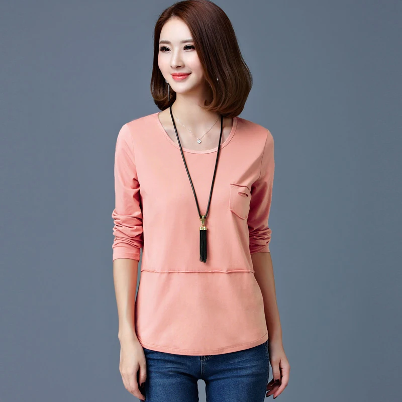 

Large Size T Shirt Women 2017 Autumn Long Sleeves Pockets Patchwork T-Shirt O-Neck Woman Clothing Femme Tees Mujer Basic Tops