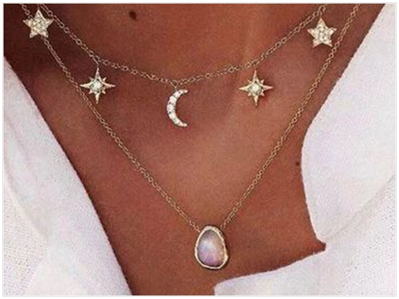 SRCOI Bohemia Star лунное ожерелье, подвесное женское двойное Золотое многослойное ожерелье из цепочек с розовыми кристаллами, колье на шее, новинка