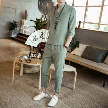 

Zeeshant 2020 Summer Men 3/4 Sleeve Linen (t Shirt + Pants) One Set Tee T-shirt For Male Large Size 5XL Kimono Chinese Clothing