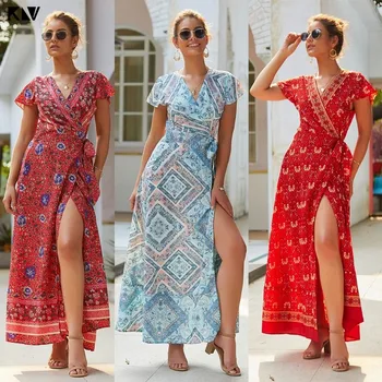

KLV 2019 Summer Women Boho Floral Print V Neck Holiday Short Sleeves High Split Beach Maxi Dress Sundress