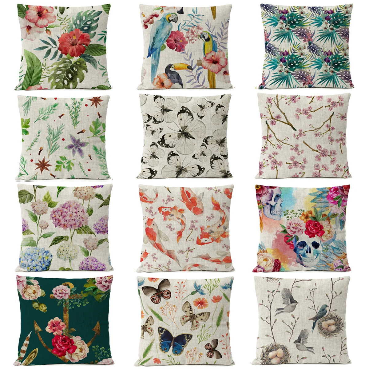 

Watercolor Plant Floral Flower Pillow Cover Bird Feather Butterfly Linen PillowCase Home Decorative Pillows Skull Cushion Cover