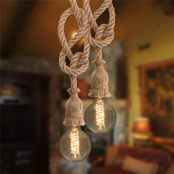 

Smuxi E27 Double Head Edison Bulb Retro Countryside Hemp Rope Lamp Pendant Lights Edison Bulb for Living Room Cafe Lights