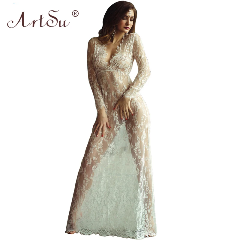 

Women Floor-Length Black White Lace Dress Adjust Waist Sexy See Through Floral Vestido Free Shipping DR5046