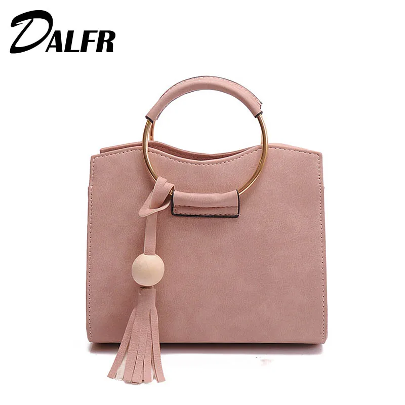 

Women Leather Handbags Female Brand Shoulder Bags 2019 New Arrival Tassel Top-handle Bags For Women Luxury Metal Ring Bag