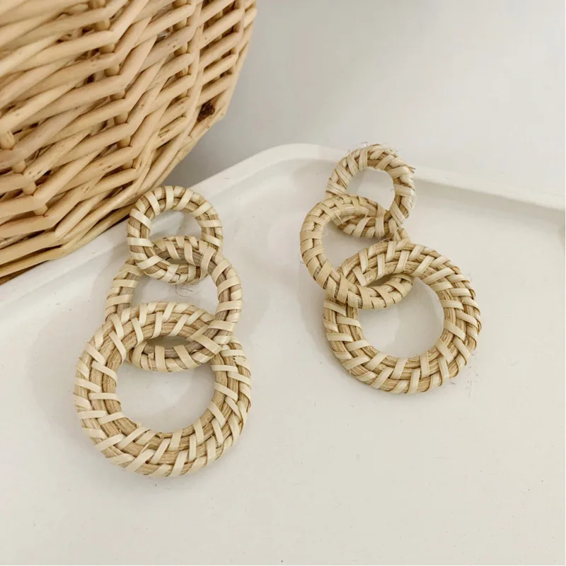 

Korean Earrings 2019 Female Ear Rings Fashion Wooden Rattan Earrings Exaggerated Multi-layer Rattan Weaving Three-ring Jewelry