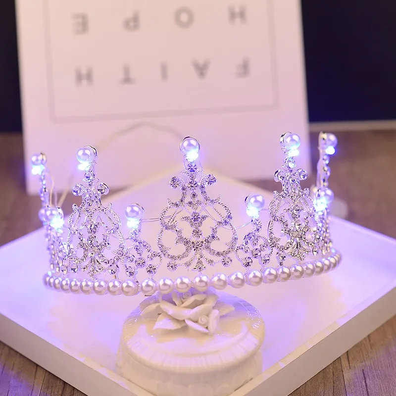 Европейская жемчужная тиара светильник Стразы королевская Королевская корона для женщин украшения для волос свадебный большой светодиодный