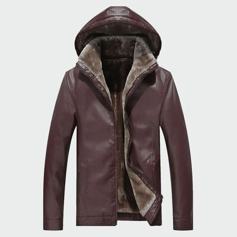 Мужские кожаные куртки, зимние теплые пальто из искусственной кожи с капюшоном, толстая ветрозащитная Байкерская мотоциклетная верхняя одежда, брендовая одежда M-4XL - Цвет: Wine Red