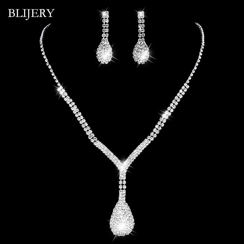 BLIJERY, Модные Ювелирные наборы для невесты, посеребренные кристаллы, длинные висячие ожерелья, серьги для женщин, свадебные ювелирные наборы - Окраска металла: 49J01