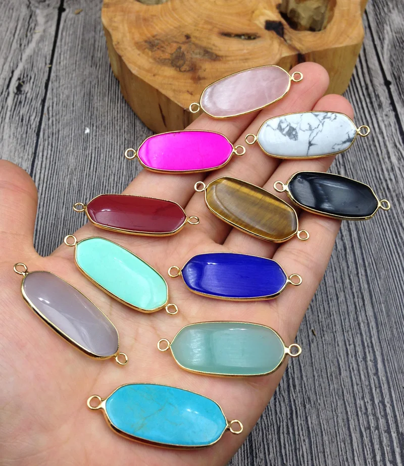 YA2642 Stone Aventurine Turquois Rose Pink Quartz Bead Gold Connecter Pendants 32x15mm | Украшения и аксессуары