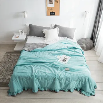 

Princess style Pure Color Summer Quilt Bedspread Blanket green Comforter soft Bed Cover Twin full Queen Quilting lace bedclothes