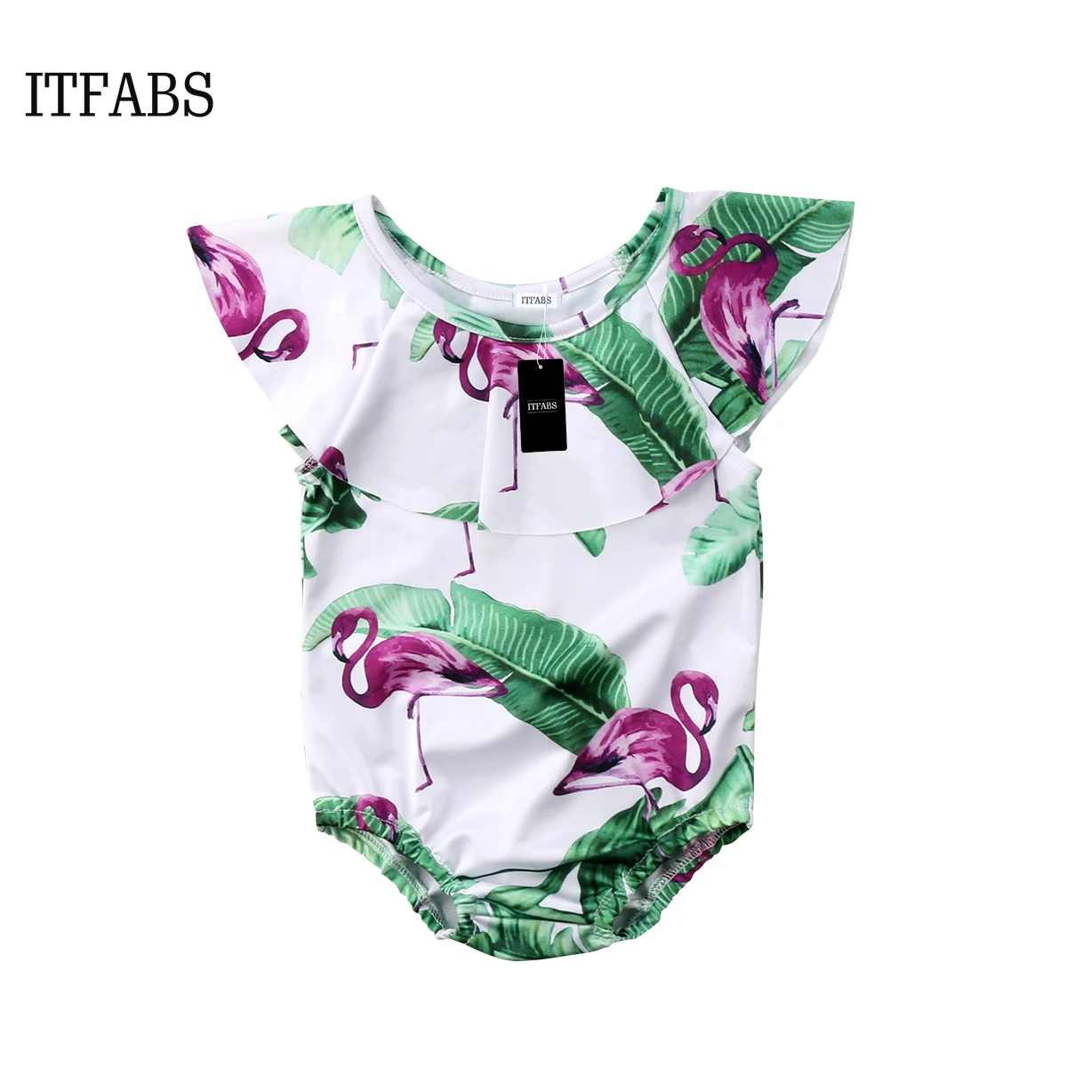 Newborn Baby Girls Swimwear Flamingo Leaves Printed Swimsuit Ruffle