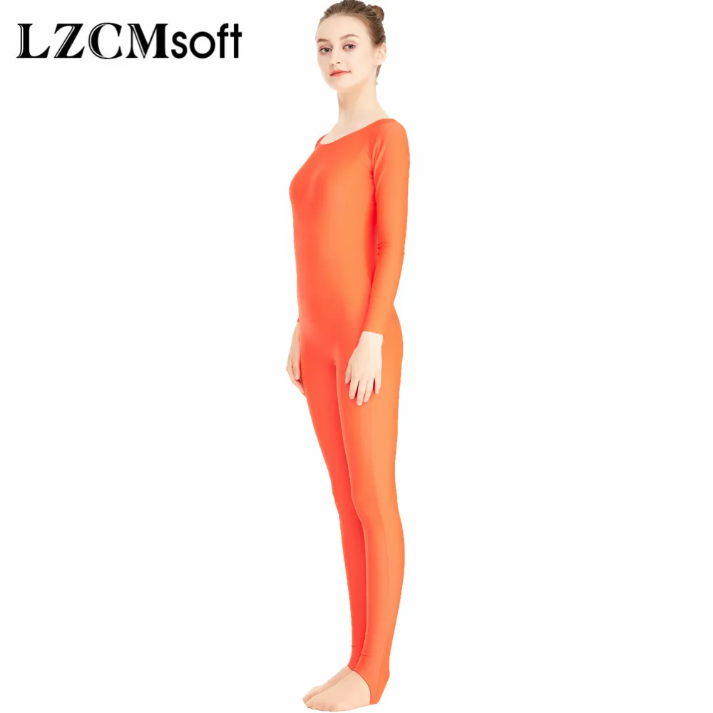 LZCMsoft Adult Orange Scoop Neck Long Sleeve Unitard Spandex Bodysuit  Dancewear Stirrups Plus Size Full Body Jumpsuit For Women