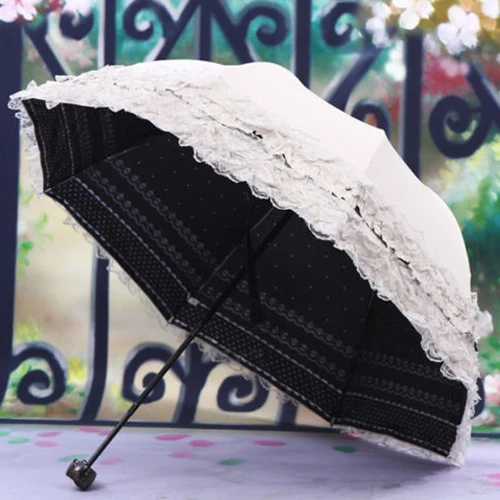 Женская принцесса купол/клетка солнце/дождь складной зонт для Свадебная кружевная отделка бежевый