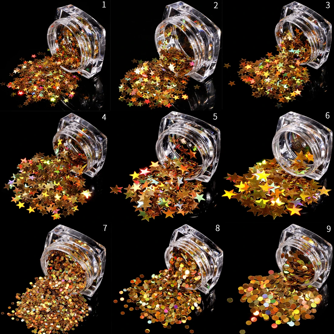 

Mixed color 3D ultra-thin sequins glitter piece five-pointed star round DIY nail art decoration beauty piece golden shiny nail