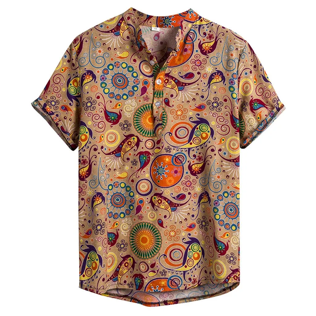 Летняя мужская рубашка уличная гавайская рубашка с коротким рукавом этнические топы с принтом Повседневная хлопковая льняная свободная Блузка Camisa masculina - Цвет: Yellow