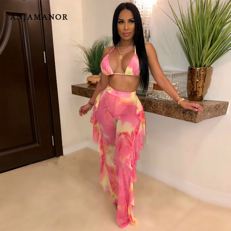 

ANJAMANOR Tie Dye Sexy Women Two Piece Outfits Beach Party Boho Chiffon Crop Top and Ruffle Pants 2 Piece Matching Sets D43-AD38