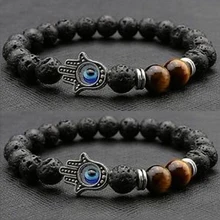 Men’s Women’s Fashion Jewelry Lava Rock Beads Silver Buddha Hand Charm Bracelet 8803848