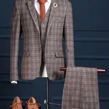 Осенние серые полосатые свадебные костюмы для выпускного вечера для мужчин из 3 предметов приталенный свадебный смокинг костюм Блейзер terno masculino