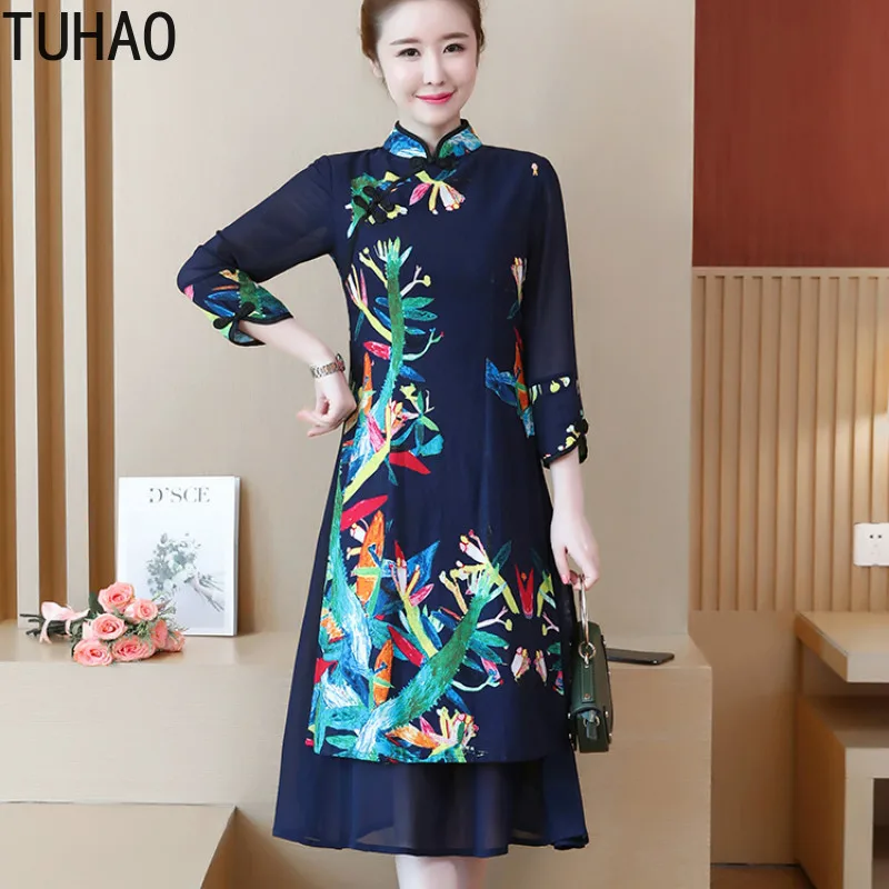 

TUHAO 2019 new modern qipao traditional chinese dress cheongsam banquet costume long qipao woman oriental flower printed dress