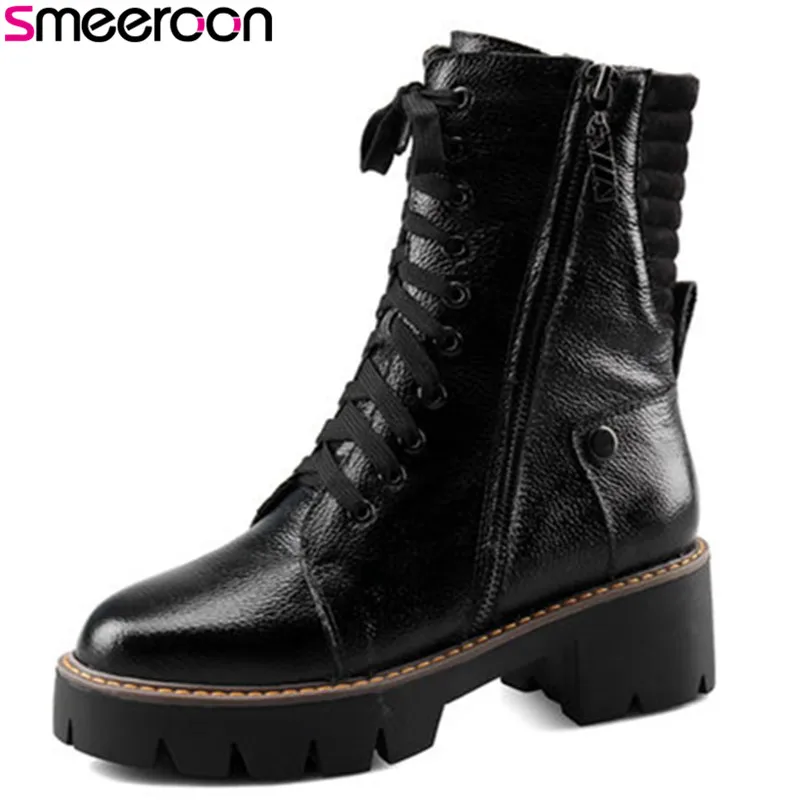 

Smeeroon high heels platform shoes autumn winter boots for women zip+cross tied cow genuine leather boots round toe ankle boots