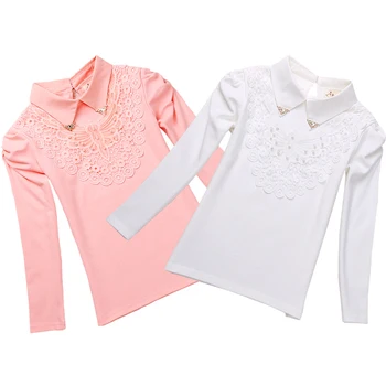 

School Girls Blouse Shirts New 2018 Autumn Fashion Kids Solid Turn-Down Lace Flower Blouses High Quality Children Cotton Clothes