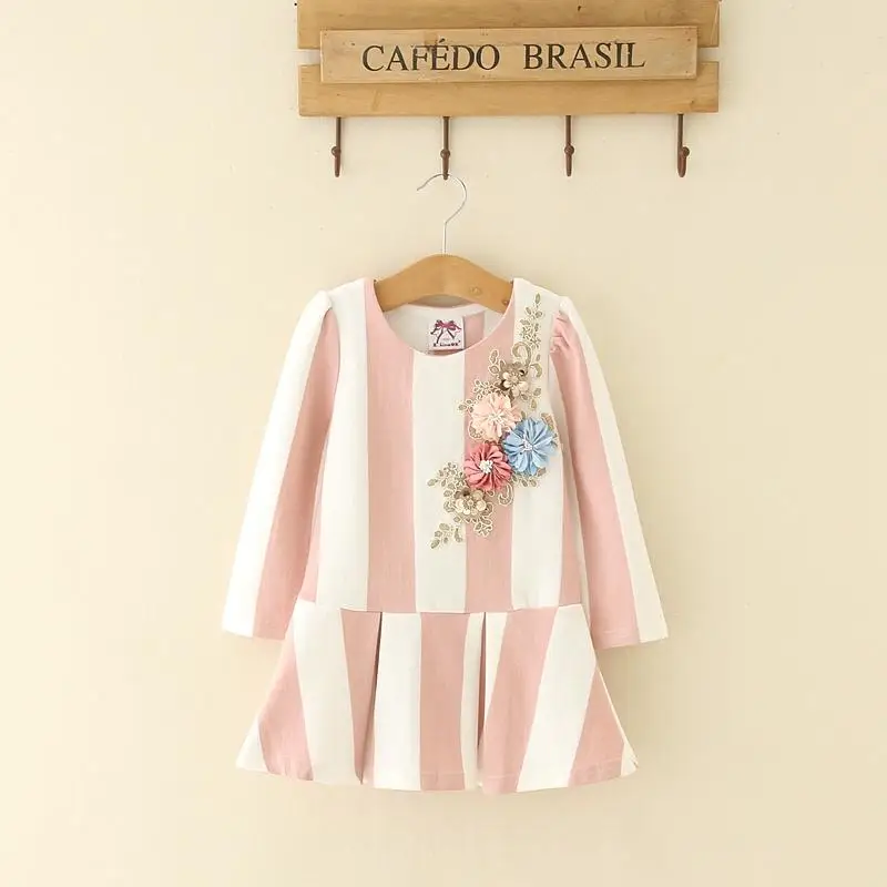 

Kids Girls Dress Princess Girl Striped Dress 2018 Long Sleeve 3D Flower Party Wedding Vestidos Infant Children Clothing JN552
