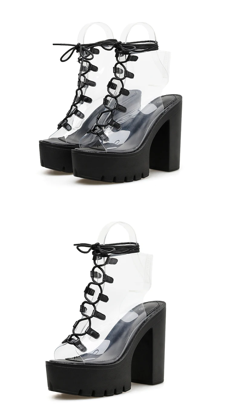 Aneikeh/ г. Сандалии из ПВХ для отдыха женская обувь на платформе, со шнуровкой, прозрачные, на высоком квадратном каблуке, с открытым носком, летняя повседневная обувь черного цвета, размер 40