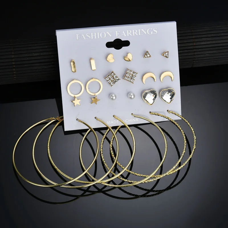 

Terreau Kathy 2017 New Acrylic 9 Pair/Sets Simulated Pearl Crystal Moon And Star Big Circle Earrings For Women Fashion Earrings