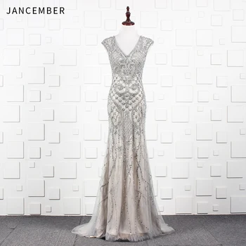 

JANCEMBER New Diamond Beading Grey Luxury Evening Dresses 2019 V Neck Backless Sleeveless High-end Mermaid Formal Evening Gowns