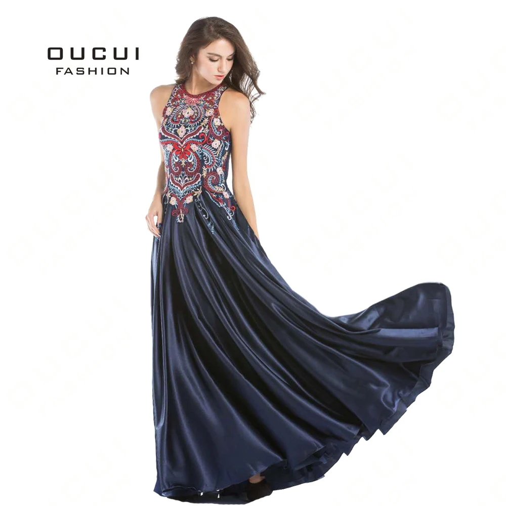 

Sleeveless Navy Blue Prom Dress Sexy Cut Out Design Long Women Dresses Evening Party Vintage BL1802