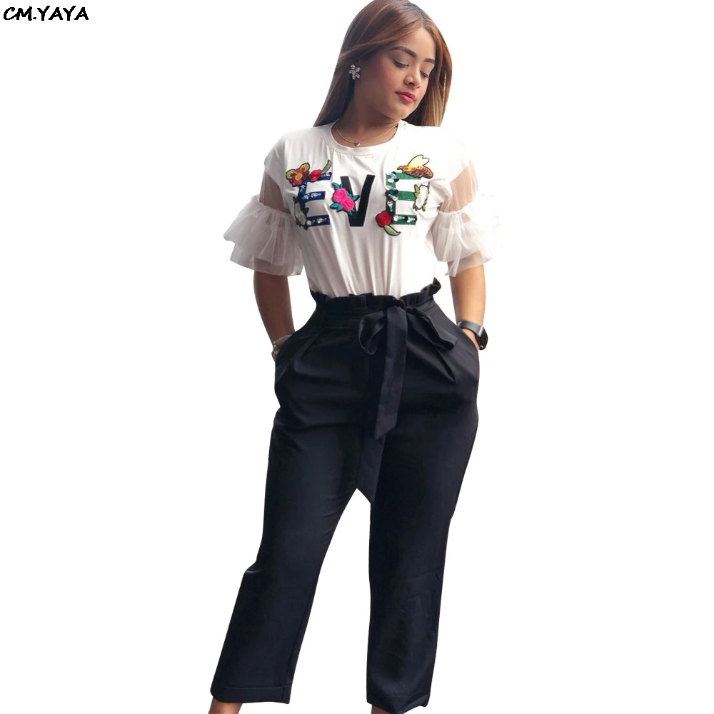 

2019 women letter floral print o-neck flare mesh short sleeve splicing tee top fashion female t-shirts classic casual LD8305