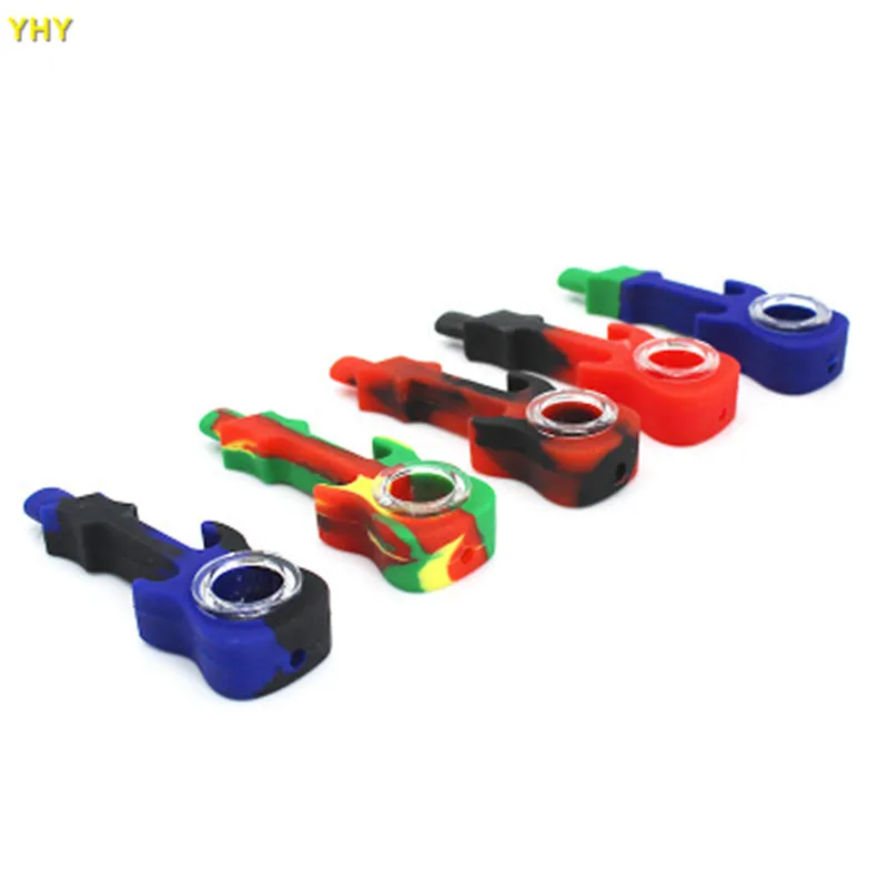 Guitar Shaped Silicone Pipes Creative Mini Herb Pipe With Glass Bowl Handy Smoking Pipes 11CM Smoking Accessories 02