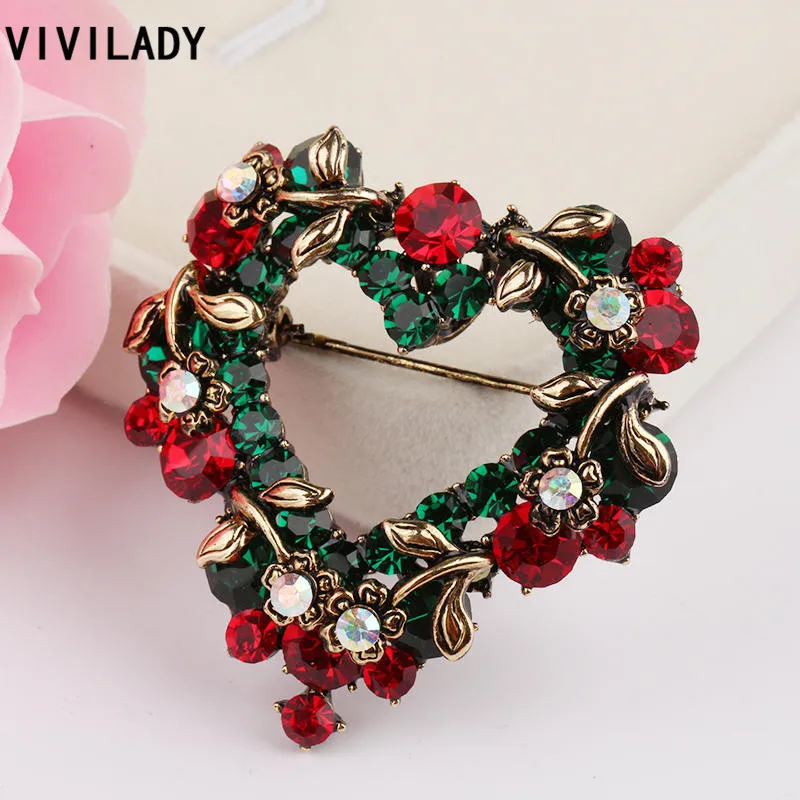 VIVILADY Trendy Cute Wreath Flowers Leaf Heart Crystal Rhinestone Brooches Pins Women Costume Bijoux Accessories Party Kid Gifts | Украшения