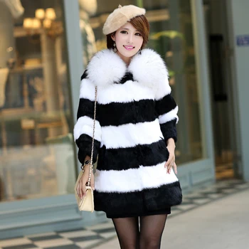 Billig Dame Echtes Printed Kaninchen Pelzmantel Mit Waschbären Pelzkragen 3/4 Hülse Winter-frauen-pelz-überwürfe Mäntel Dame Kleidungsstück 0981