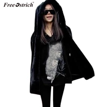 Свободное пальто из искусственного меха страуса с капюшоном, высокая талия, модная Толстая теплая свободная Черная куртка из искусственного меха, зимняя женская куртка с длинным рукавом N30
