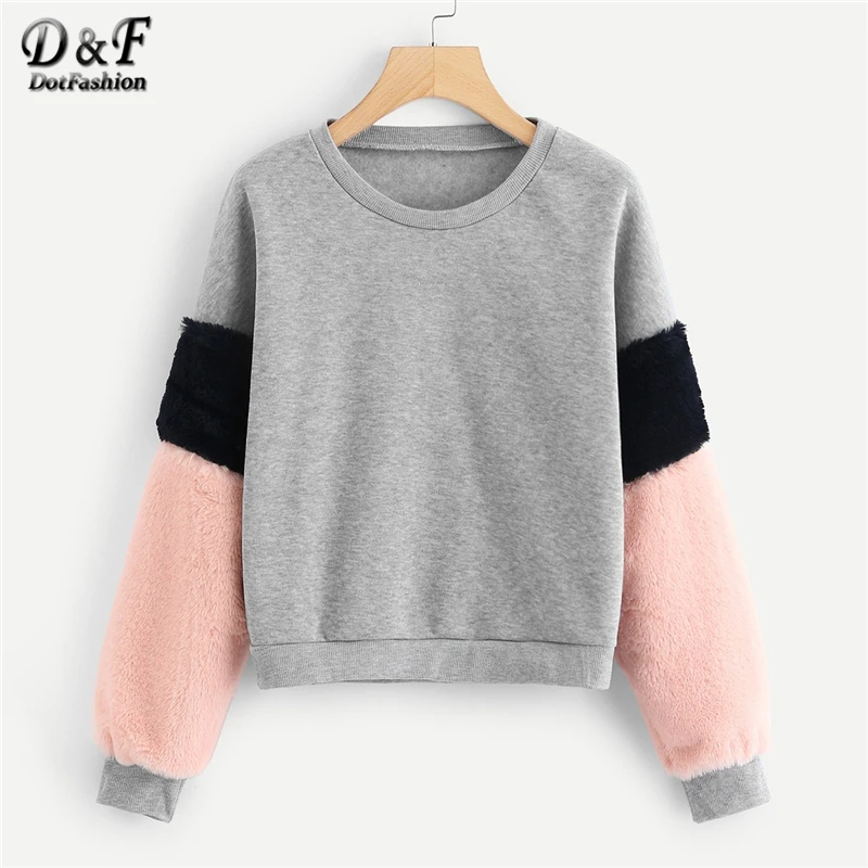 Dotfashion فو الفراء لوحة كم رمادي Colorblock البلوز النساء عارضة الخريف طويلة الأكمام الملابس الإناث البلوفرات البلوز Dotfashion فو الفراء لوحة كم رمادي Colorblock البلوز النساء عارضة الخريف طويلة الأكمام الملابس الإناث البلوفرات البلوز