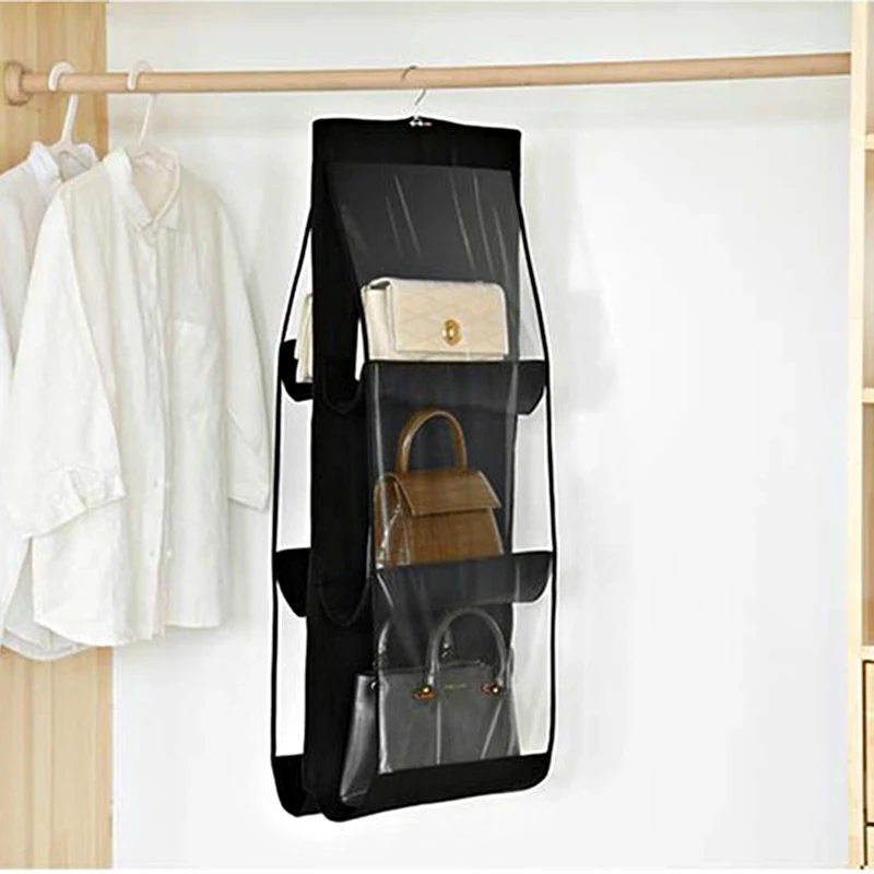 6 Pocket Hanging Handbag Storage Organizer For Wardrobe Closet Folding Hanging Sundry Shoe Storage Bag Double Side Transparent