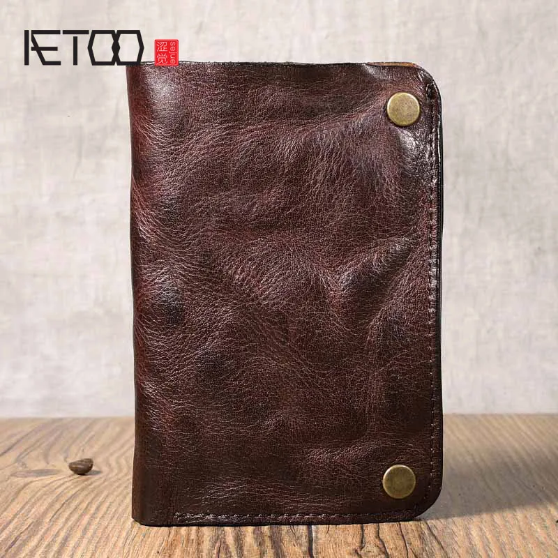 

Original vintage pleated leather vertical wallet Men's short first layer leather wallet zipper small card package