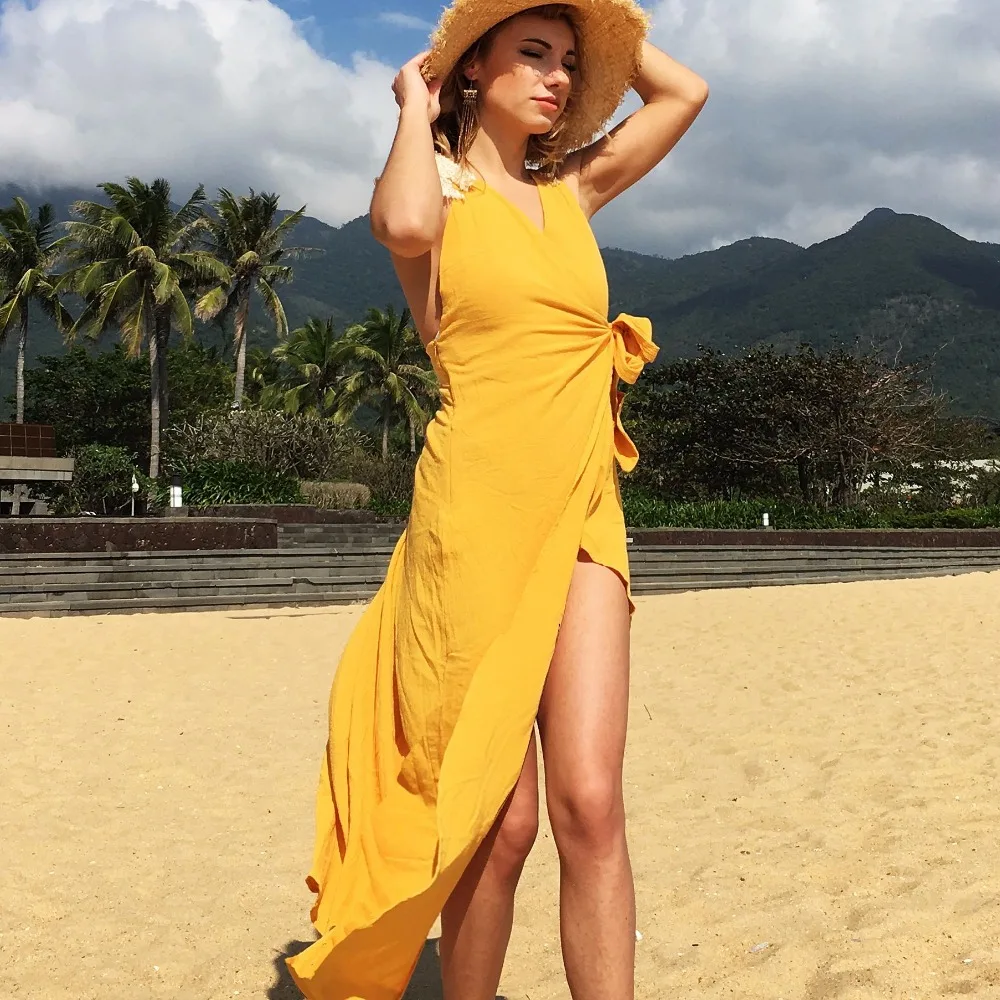 Amalibay Beach Dress Slit V Neck Cover Ups Hollow Out Backless Solid