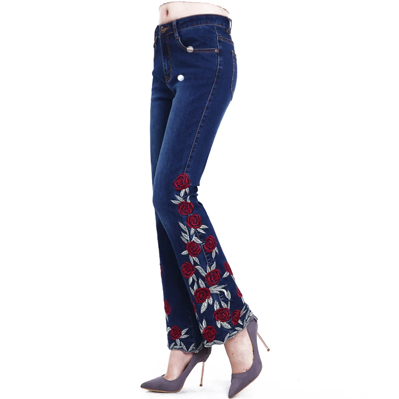 FERZIGE Famous Brand 2018 Jeans for Women Floral Embroidered Elastic Boot Cut Flares Pants Casual Female Trousers Bell Bottoms Jeans