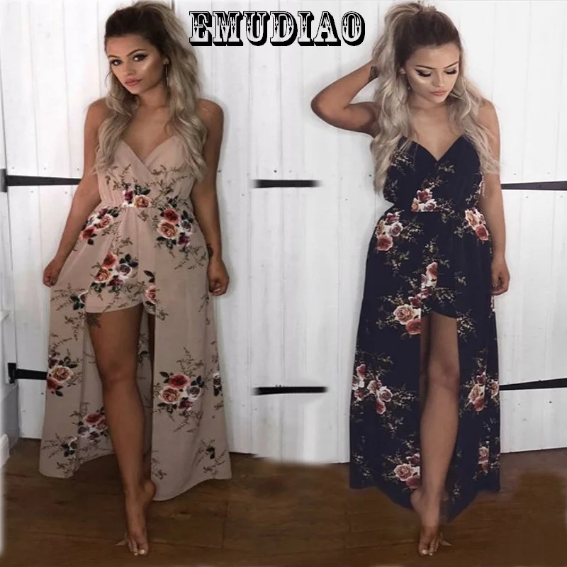 

6-Color Printed Floral Dress Short Sleeve V-neck Spaghetti Dresses